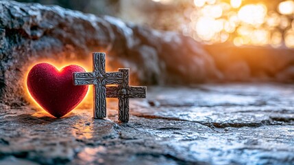Fototapeta premium close-up of a red heart and two crosses lying on a stone floor, bathed in warm light from behind, creating a glowing halo effect around the symbols. close-up, red heart, two crosses, warm light, 