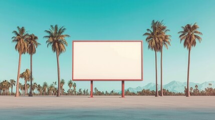 Empty Billboard Surrounded by Palm Trees Against Clear Blue Sky