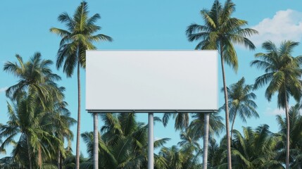 Billboard Surrounded by Lush Tropical Palm Trees in Bright Sunny Sky