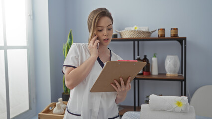 Woman talking on phone while holding clipboard in spa room with towels and beauty products in the...