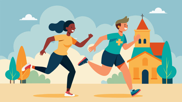 Strangers become fast friends as they run side by side for a common cause at the Church Fundraiser Marathon united by their love for their community.. Vector illustration