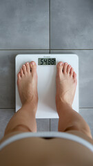 a person is standing on a scale showing their weight. The focus is on the person's bare feet and the scale display, implying weight management or health concerns