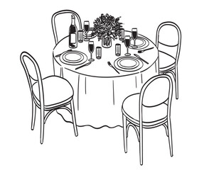 Hand drawn chalk round table and chairs with vase and flowers illustration. Tablescape wedding dinner with wine glasses, plates drawings for wedding invitations, cafe menus and parties in doodle style