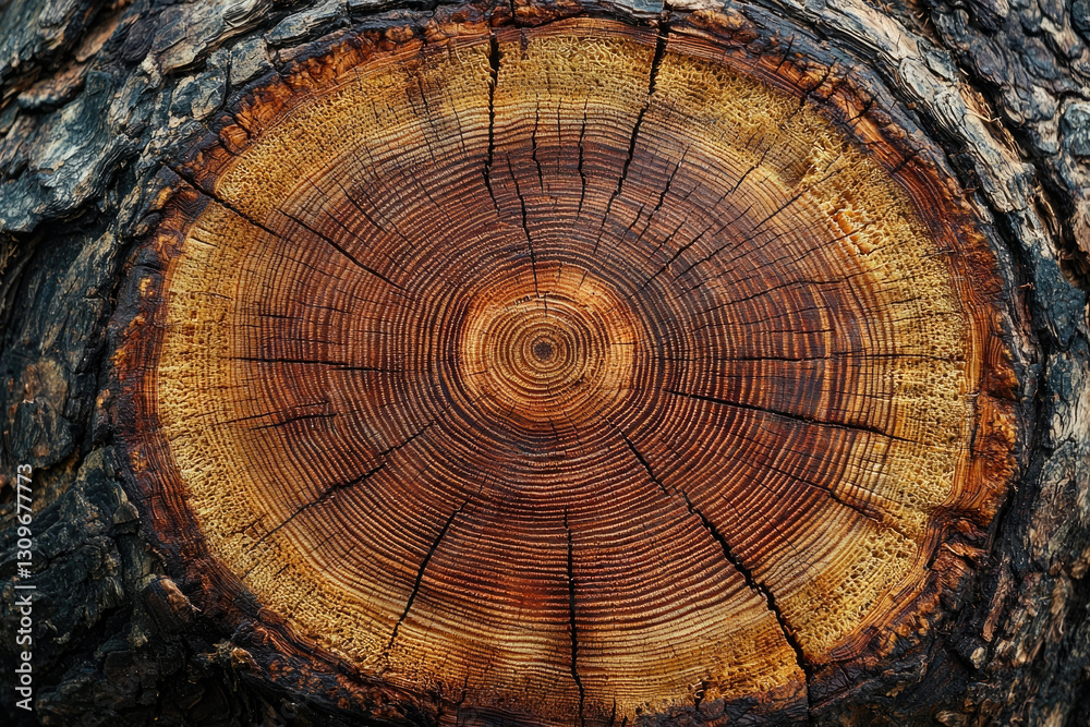 Poster close-up of a tree's cross-section, revealing intricate growth rings and texture.