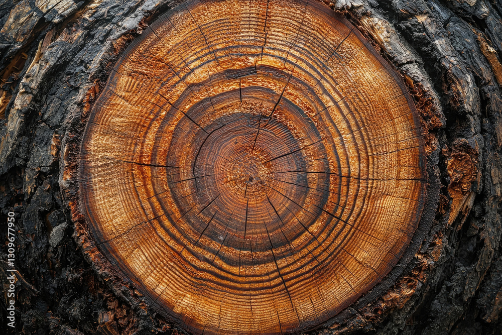 Poster cross-section of a tree trunk revealing concentric rings, showcasing age and growth patterns.