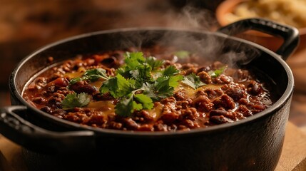 Steaming Pot of Homemade Chili Topped with Cilantro and Cheese
