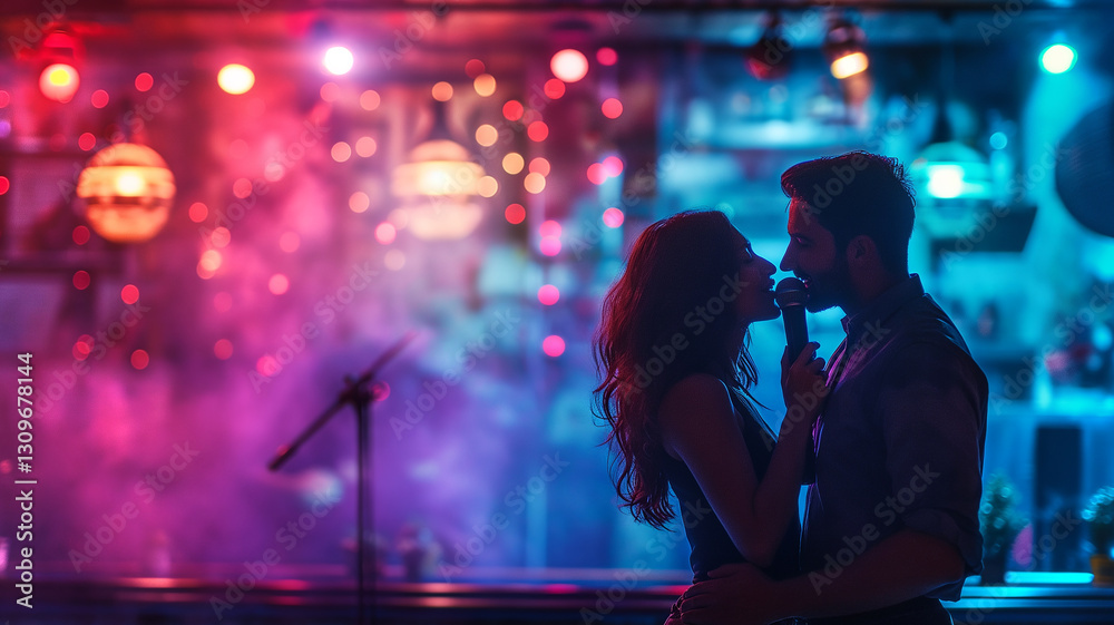Poster this couple shares an intimate moment while singing karaoke in a lively bar filled with colorful lig