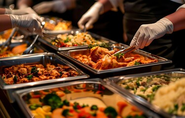 A festive party with multiple chafing dishes filled to the brim, showcasing an array of delicious food being served by staff in gloves and aprons at night
