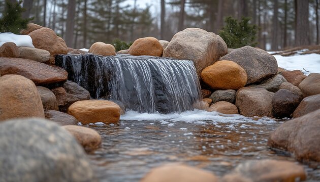 Waterfall flows over rocks in winter garden