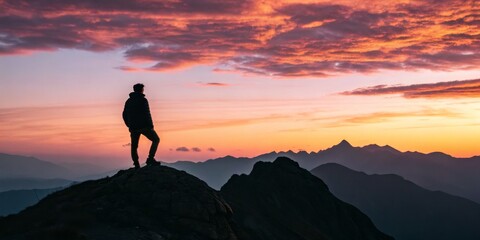 Fototapeta premium Silhouette Hiker on Peak at Sunset, landscape ,adventure
