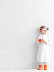 A child in a white lab coat and orange boots holds test tubes filled with bright liquids. She stands against a plain white wall, focused and ready to experiment