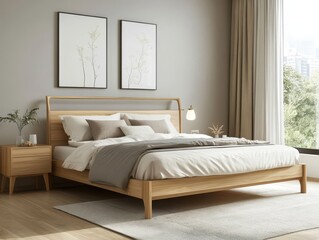 Modern bedroom interior features comfortable bed with matching furnishings and artwork