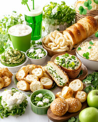 Festive St. Patrick's Day food spread with green drinks, bread, dips, and desserts.
