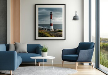 Modern living room with framed lighthouse art. Coastal interior design featuring a framed image of a lighthouse on the coast.
