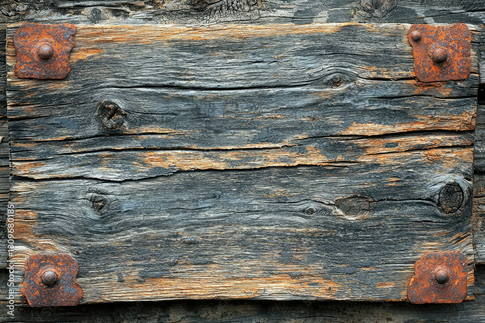 Poster weathered rustic wooden plank with rusty metal corner brackets, showing age and texture.