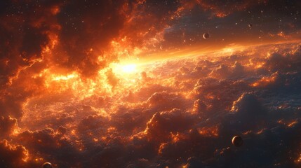 Naklejka premium Fiery celestial cloudscape, vibrant cosmic scene