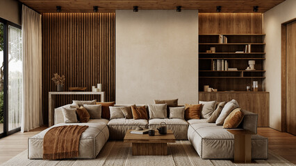 Contemporary loft interior with sofa, pillows, coffee tables, wood panels and decor. 3d render illustration mockup.