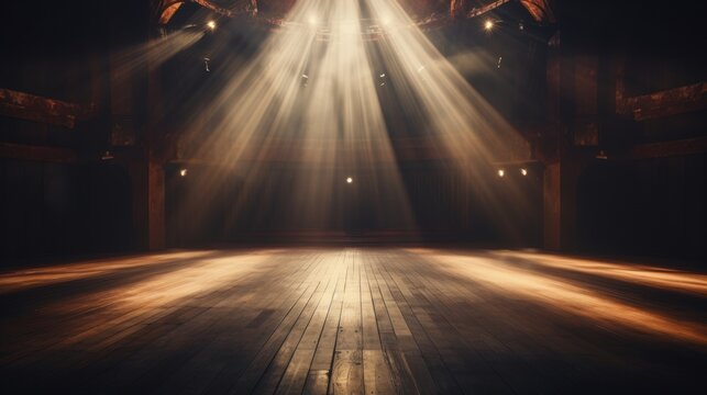 dramatic stage lighting in empty wooden hall