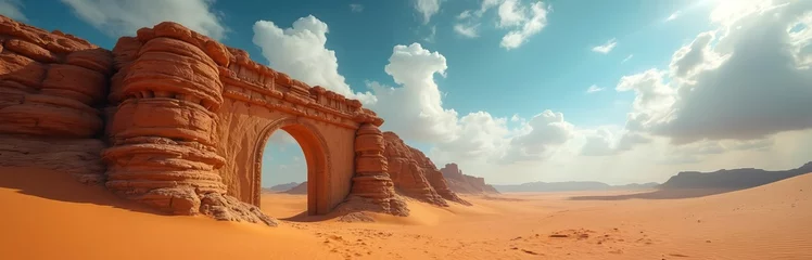 Selbstklebende Fototapeten Sahara Desert panorama with monumental stone arch, blue sky, clouds. Sand dunes under sunlight. Travel, tourism background. Portal to another world. Ancient gate in sand. Geological rock formation, © Vadym