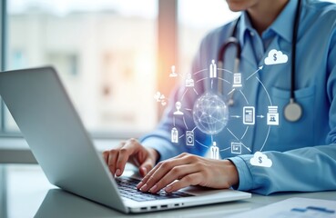 Doctor using laptop. Connection server data base patient for tech treatment in hospital. Online agreement, medical data processing, research, innovative healthcare service, modern clinic management.