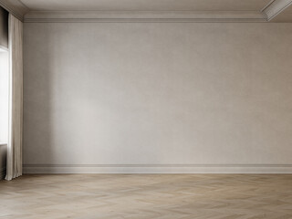 Empty beige classic interior with blank wall and chevron wood floor. 3d render illustration mockup.