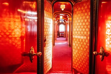 Obraz premium Ornate passage featuring bright red interiors of a vintage train car