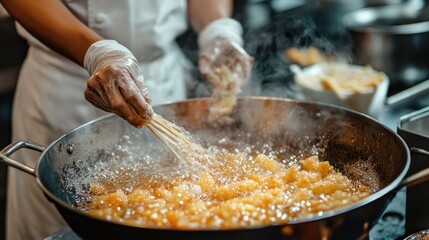 Chef preparing delicious golden tempura shrimp in a commercial kitchen setting