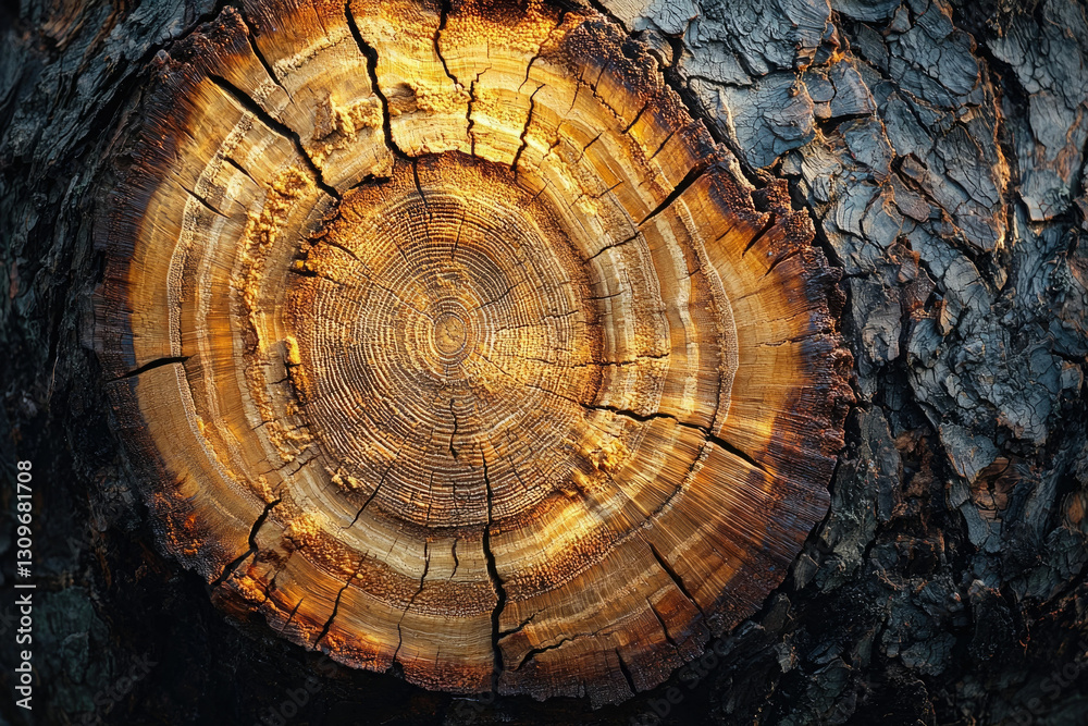 Poster close-up view of a tree stump, showcasing concentric rings and textured bark.