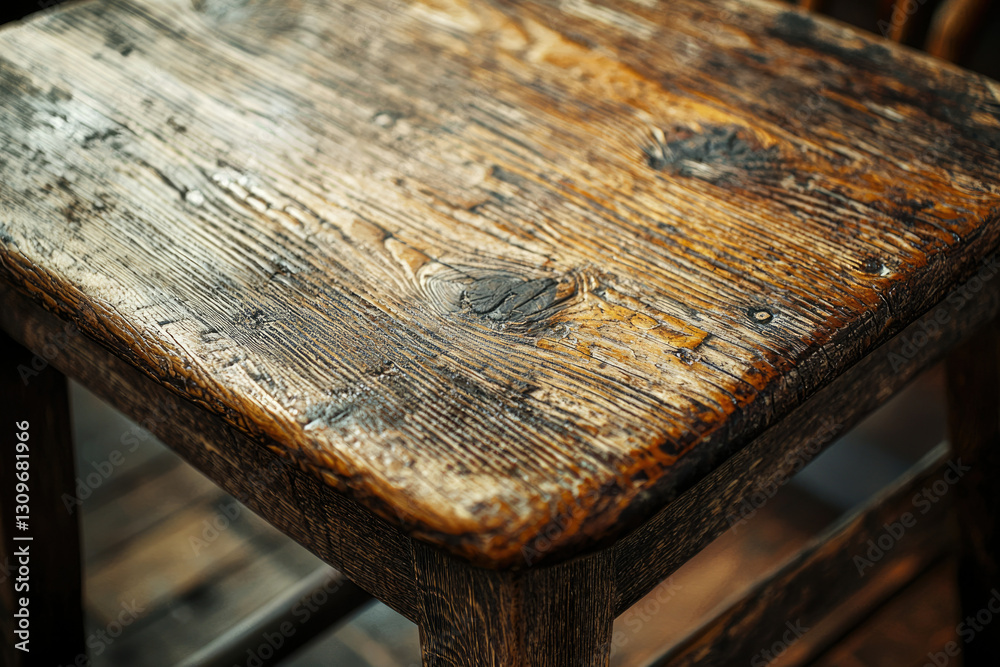 Poster close-up of a rustic, aged wooden table or stool showcasing its weathered texture and rich grain.
