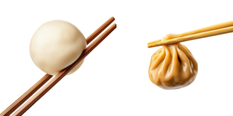 Meal Prep Made Simple with Plant-Based Protein concept. Steamed dumplings and bao bun held with chopsticks on a white background for culinary art