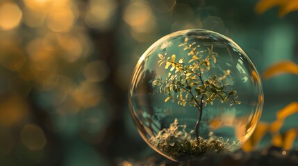 Nature's Embrace: A Tiny Sapling Protected within a Crystal Bubble