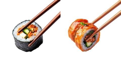 Meal Prep Made Simple with Plant-Based Protein concept. Assorted Sushi Rolls with Chopsticks on a Black Background, Fresh Seafood Delicacies Delight