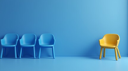 Colorful chairs: An eye-catching interior design of a room with blue walls and blue chairs and a yellow chair, The arrangement creates a vivid sense of order, balance, and visual contrast.