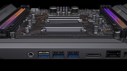 Close-up view of a modern computer motherboard showcasing ports, connectors, and circuitry details