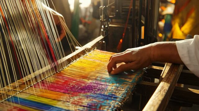 Artisan weaving a colorful rug on a wooden loom, detailed threads and precise hand movements.