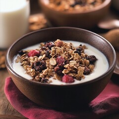 Crunchy granola with berries in a wooden bowl on yogurt breakfast