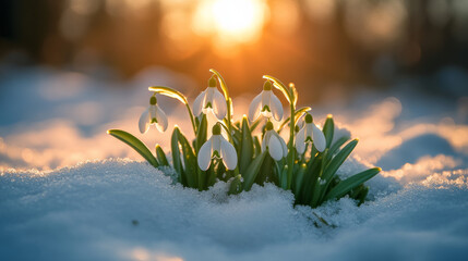 Snowdrops blooming in snow, serene atmosphere, golden hour light, close-up, copy space