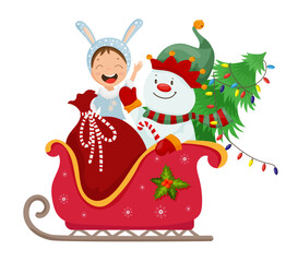 Snowman And Child In Sleigh