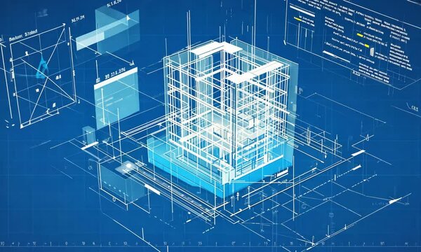 Detailed architectural blueprint showcasing a futuristic building design with technical annotations