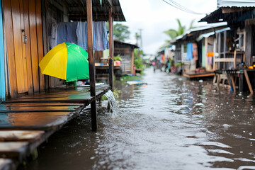Obraz premium Flooded alleyway in impoverished settlement; water overflowing, houses on stilts, laundry hanging