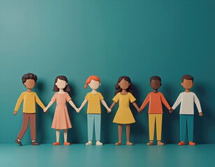Diverse cartoon children figures hold hands as symbol of collaboration. Partnership of kids, racial equality and diversity for advocacy, teamwork, education, community project and social impact.