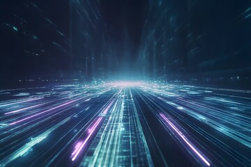 Abstract Technology Grid with Neon Glow and Digital Connections