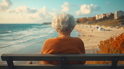 An elderly couple sits closely together on a wooden deck, overlooking a serene beach with gentle waves.