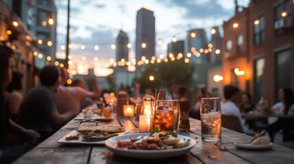 Fototapeta premium People enjoy a vibrant evening outdoors at a restaurant, surrounded by friends, food, and drinks, with city lights twinkling in the background