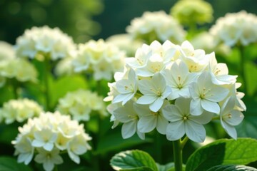 Large white hydrangea blooms densely in a garden, flowers, flower field