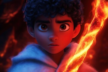A young boy with curly hair grips a glowing staff radiating flames. He displays a serious expression, surrounded by a colorful, magical setting