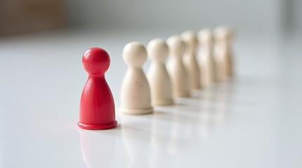 Standing Out: A vibrant red game piece positioned prominently, leading a line of neutral counterparts, symbolizing leadership and individuality.
