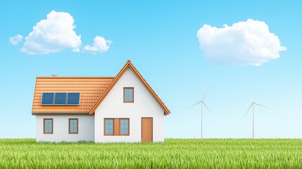 Modern Low Carbon Home with Solar Panels and Wind Turbines in a Bright Green Landscape