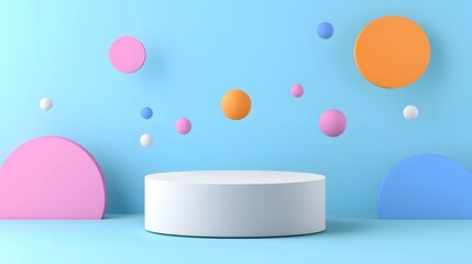 White Geometric Pedestal with Levitating Spheres on Monochrome Abstract Background