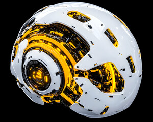 Futuristic white sphere with glowing yellow internal mechanics